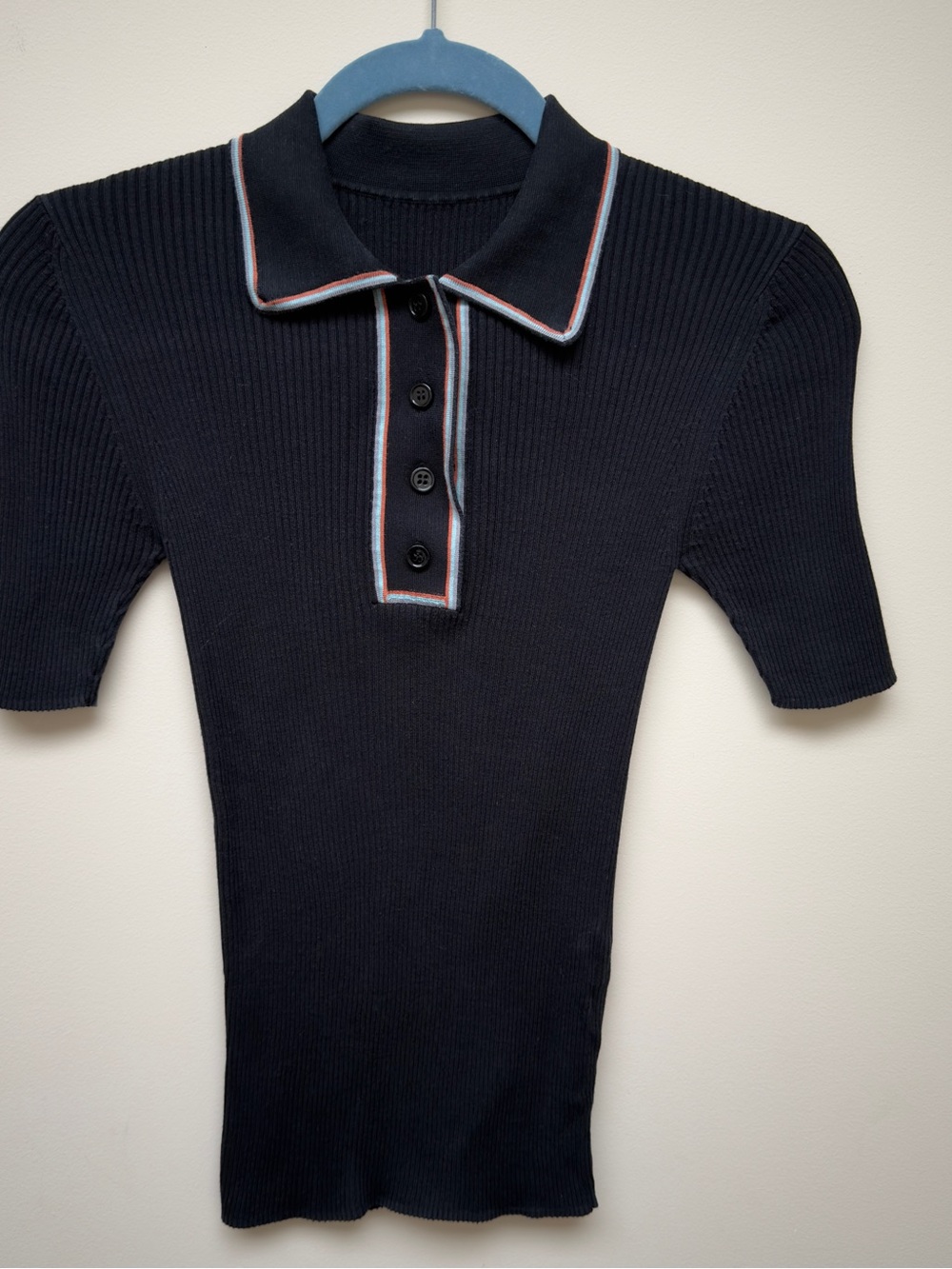 Fitted Silk Navy Ribbed Polo Top with Contrast Piping
